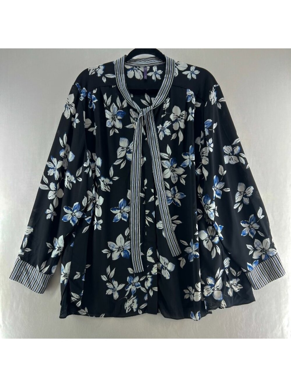 NYDJ Floral Tie Neck Tunic Blouse Womens 2X Striped Cuff Long Sleeve Blue Black